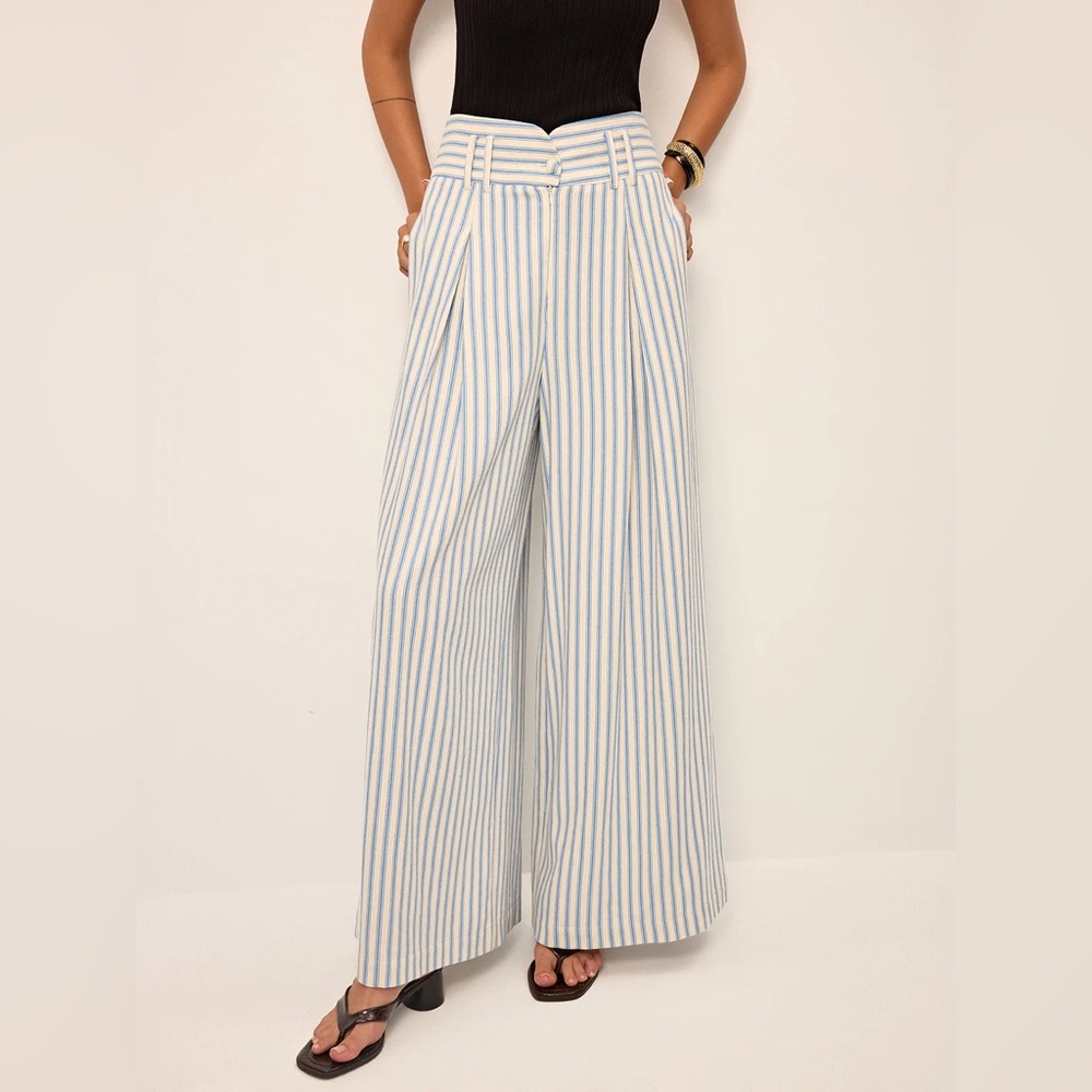 Cotton Striped Pleated Wide-Leg Pants